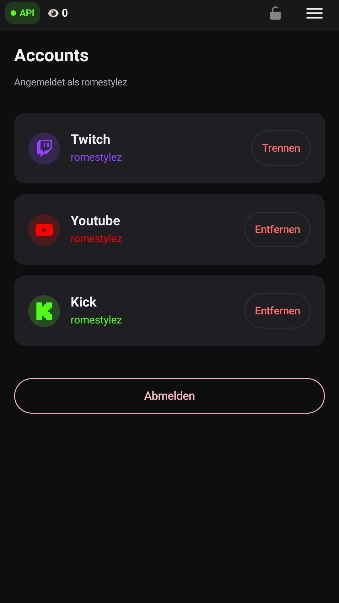 Der Accounts-Bereich mit verbundenem Twitch und den Schaltflächen für YouTube und Kick