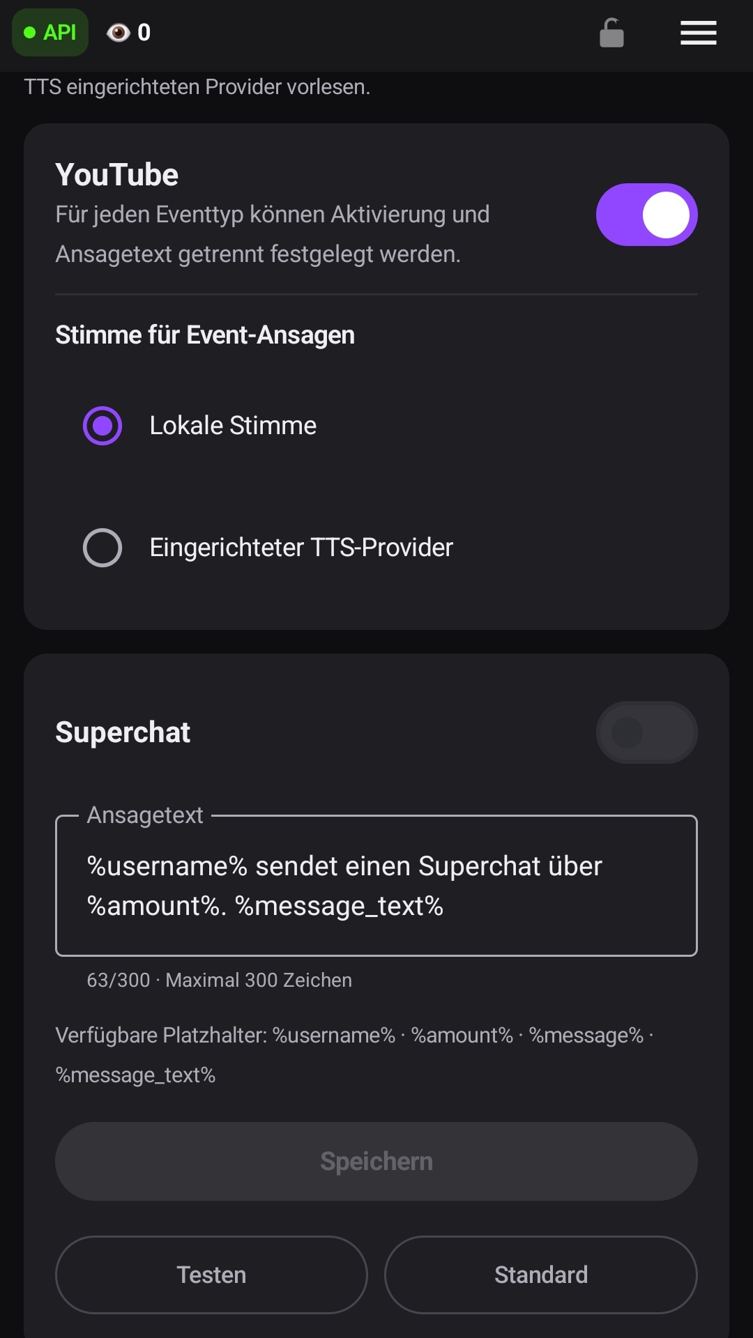 YouTube-Schalter, Stimmauswahl und Superchat-Ansage