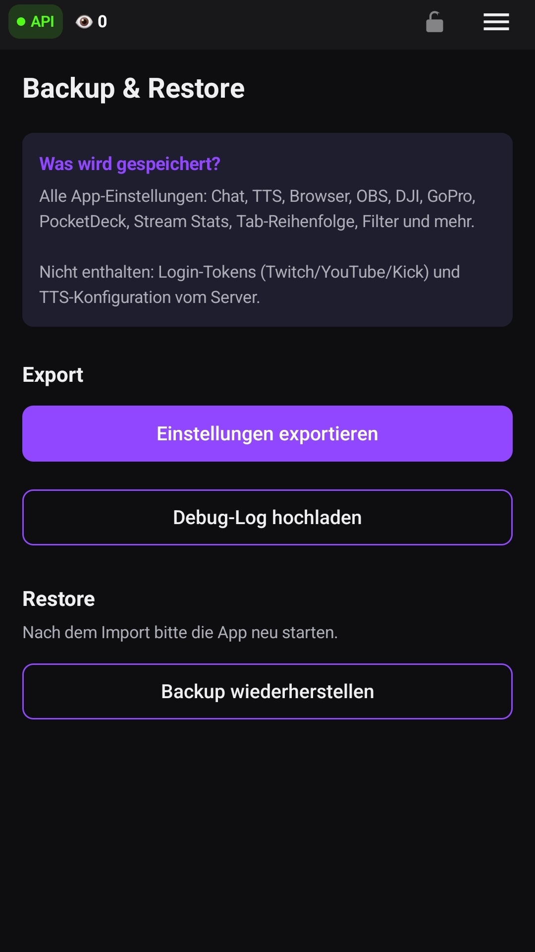 Der Backup-Bereich mit den Schaltflächen für Sicherung und Wiederherstellung