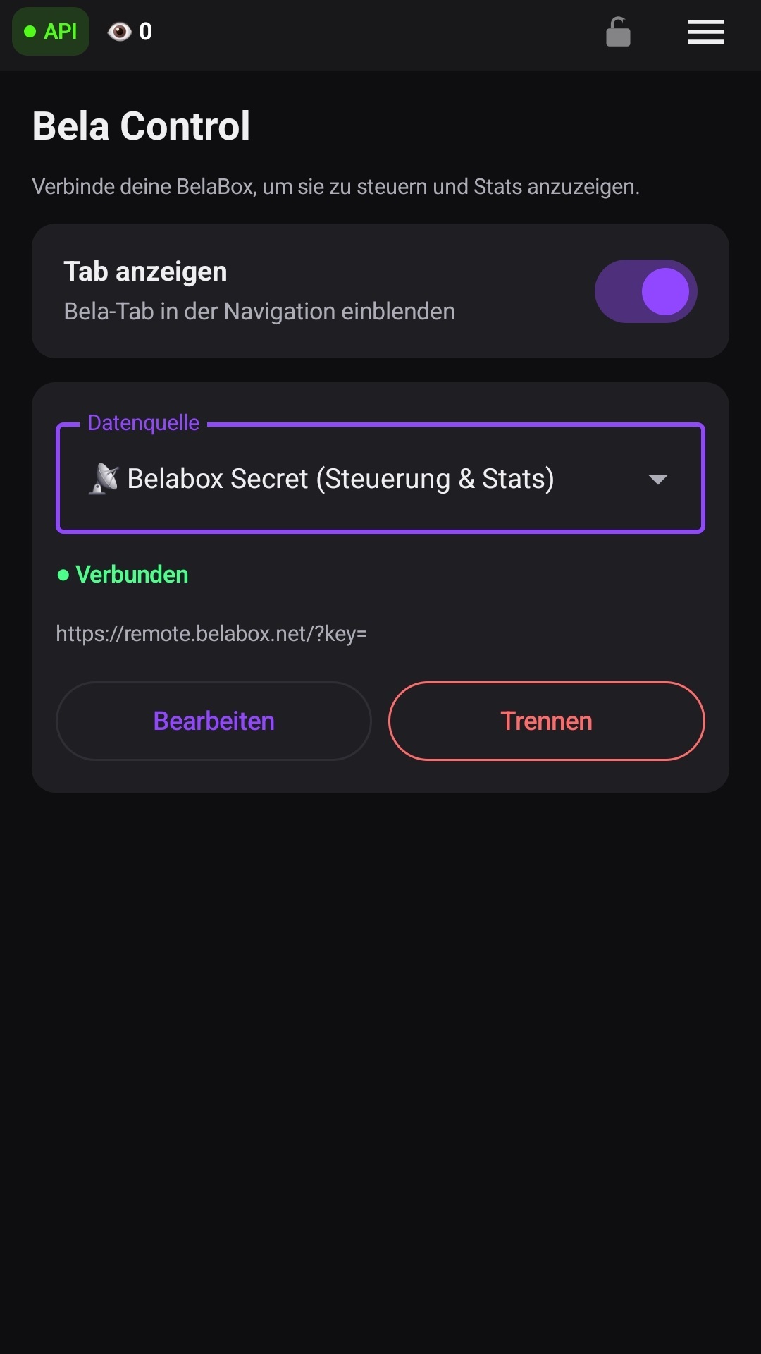 Die Bela-Control-Einstellungen mit eingetragener Verbindung