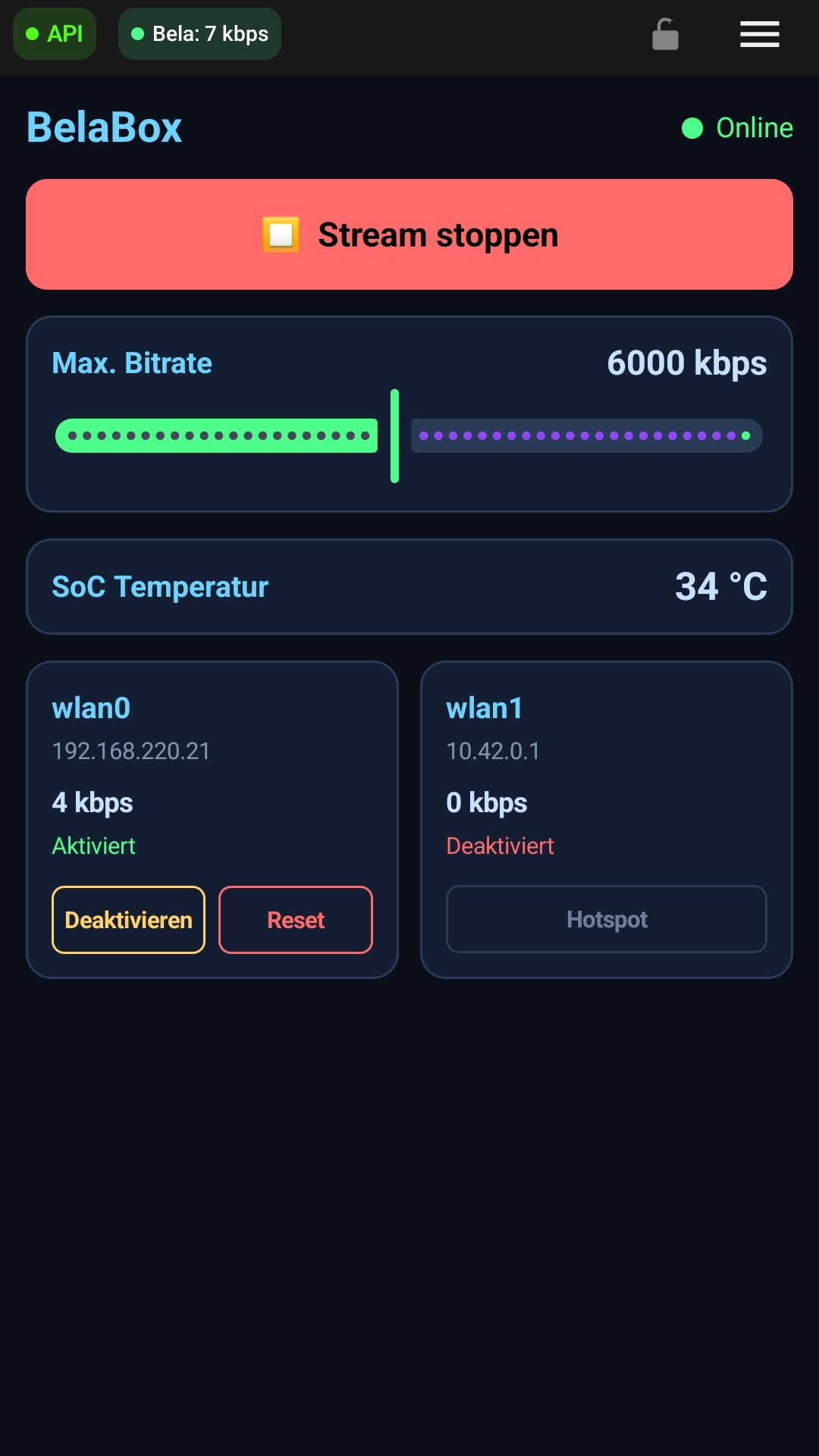 Bela-Control-Steuerung mit Streamstatus, Bitrate, Temperatur und Netzwerk-Interfaces