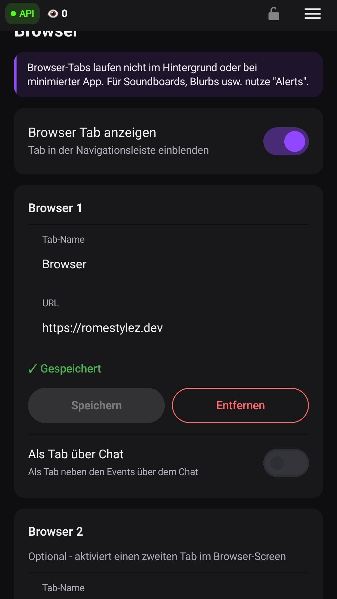 Die Browser-Einstellungen mit belegtem Slot