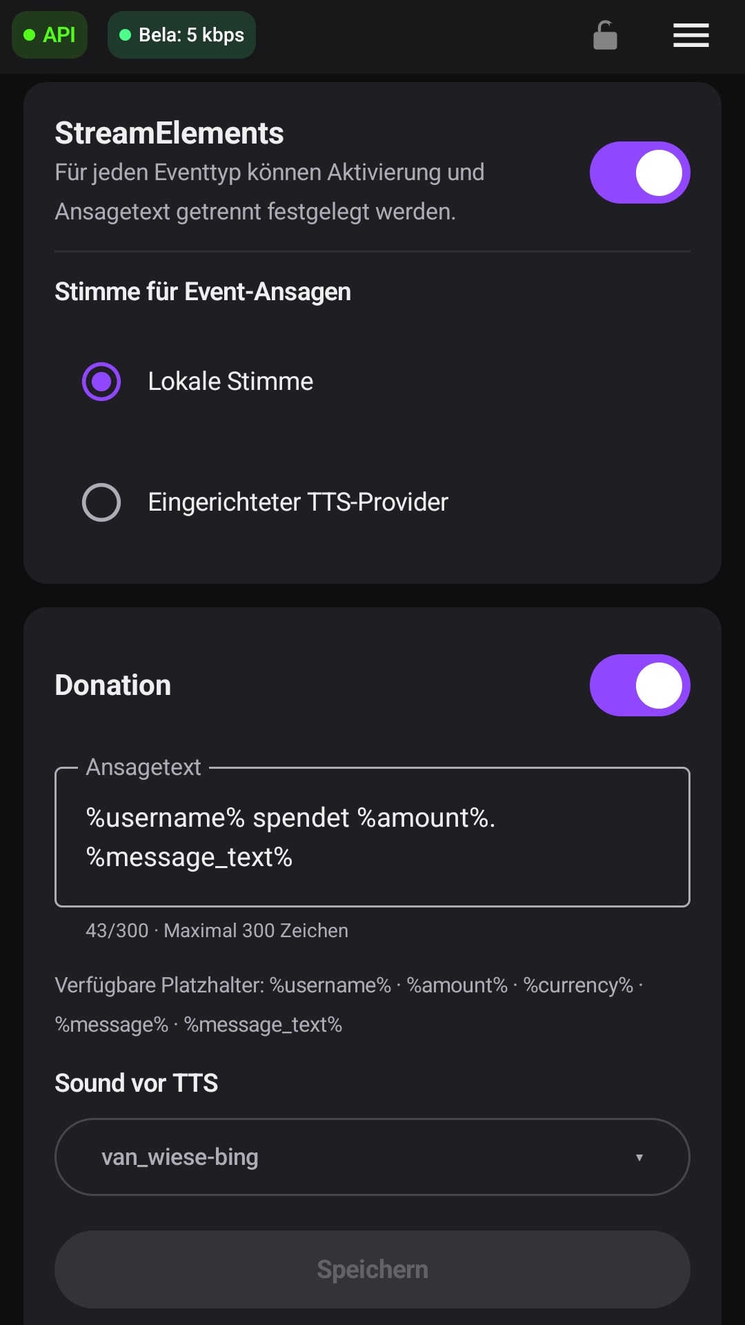 Donation-Regel einer externen Quelle mit Text und Soundauswahl
