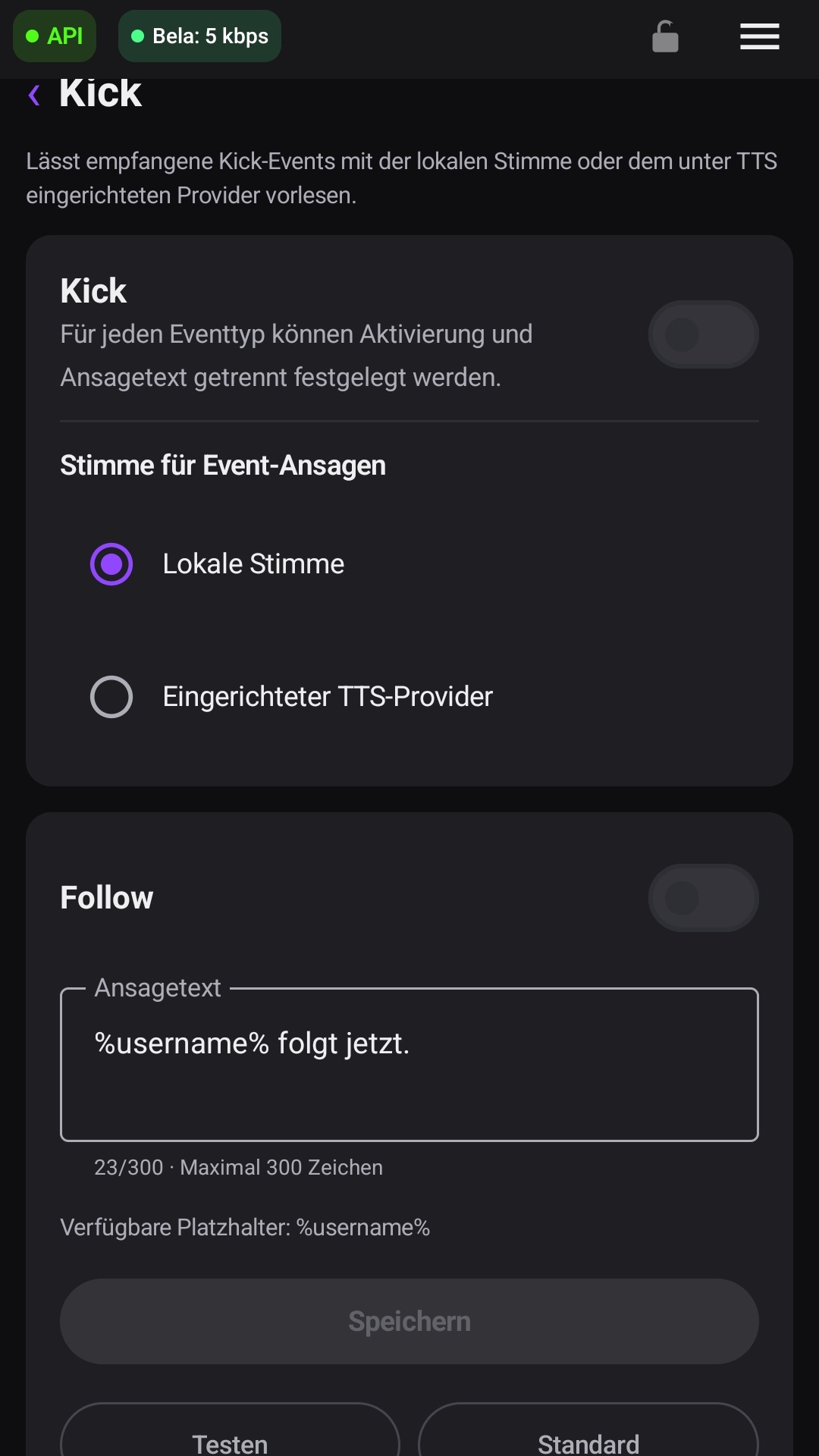 Oberer Kick-Bereich mit Hauptschalter, Stimmauswahl und Follow