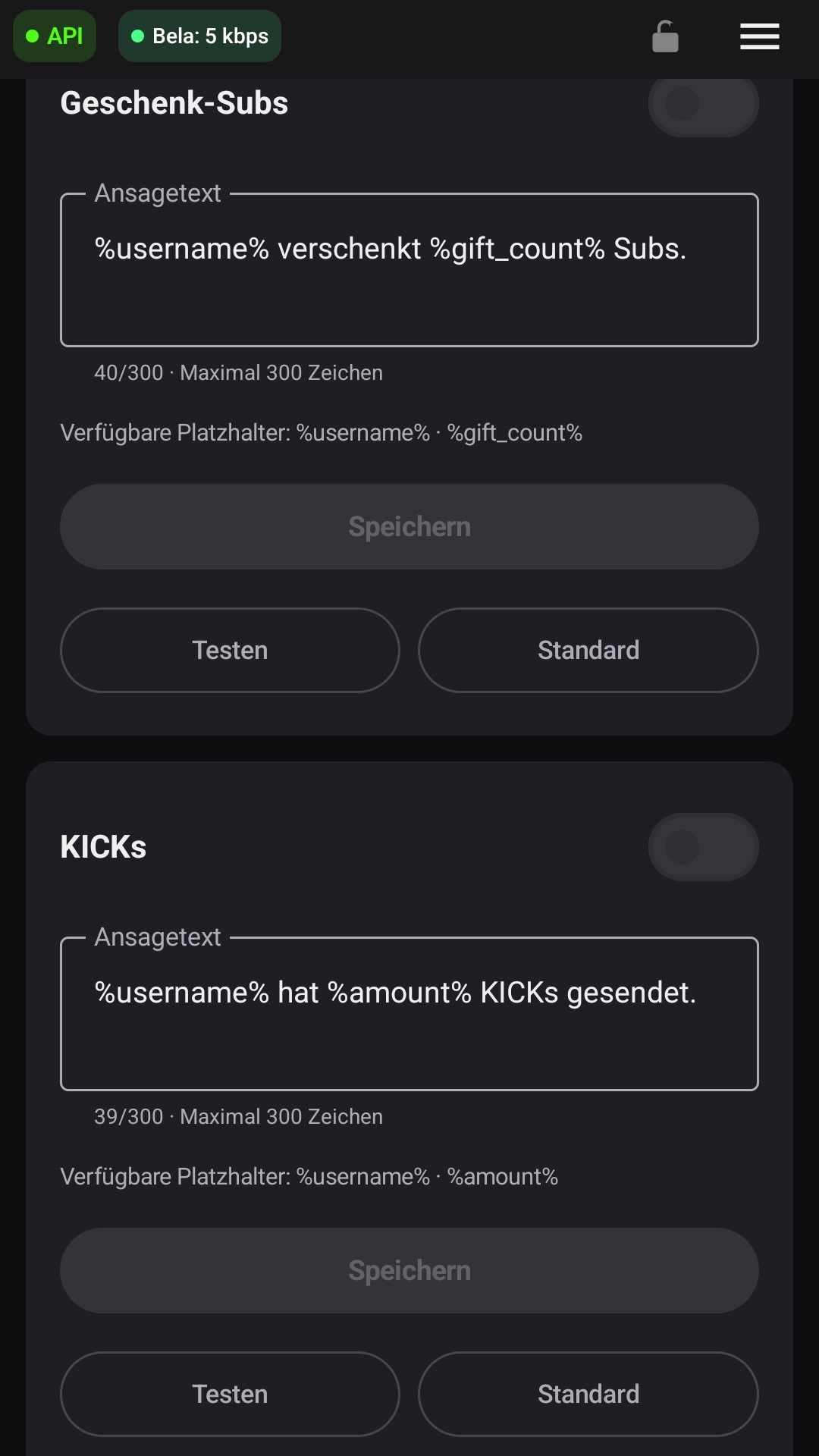 Unterer Kick-Bereich mit Geschenk-Subs und KICKs