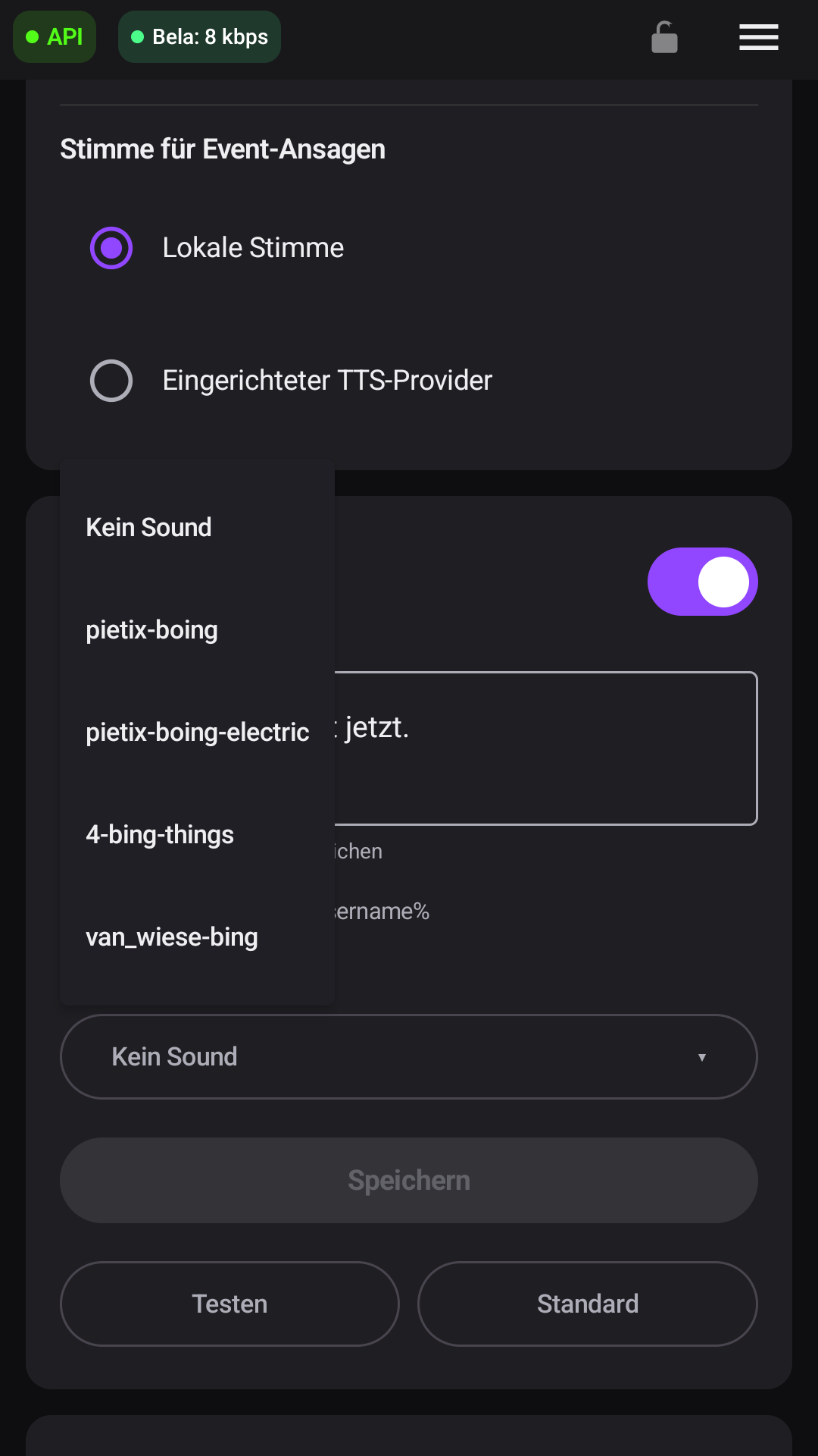 Geöffnete Auswahl Sound vor TTS in einer Eventregel