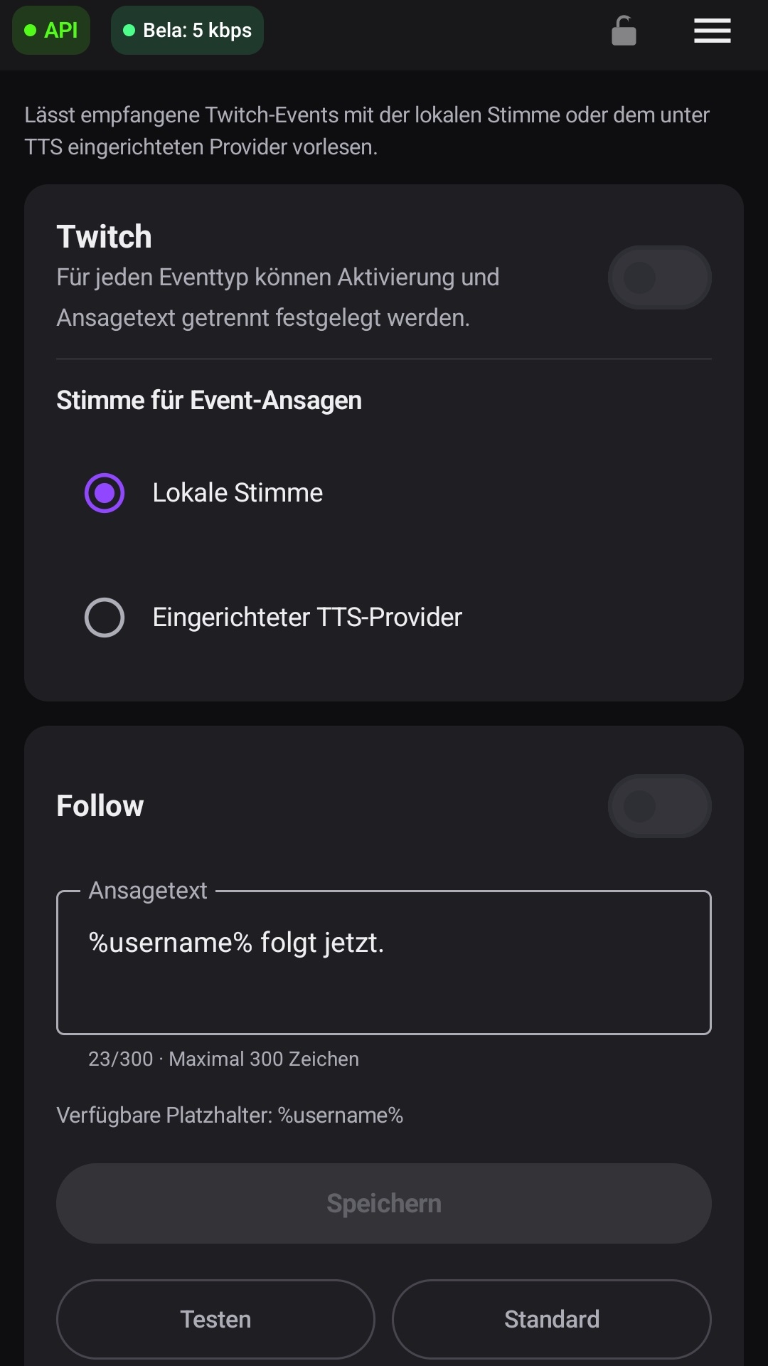 Oberer Twitch-Bereich mit Hauptschalter, Stimmauswahl und Follow