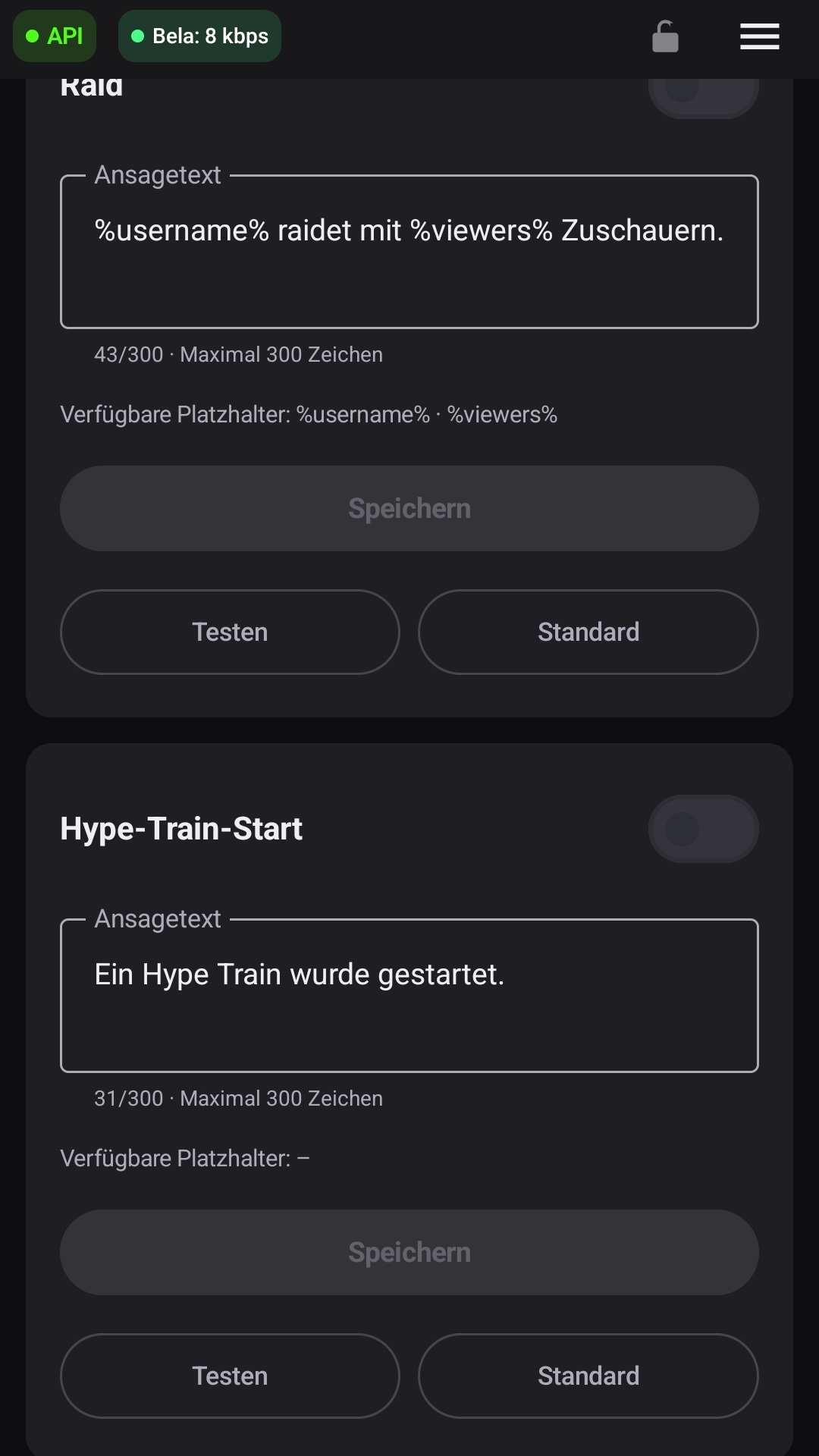 Twitch-Karten für Raid und Hype-Train-Start
