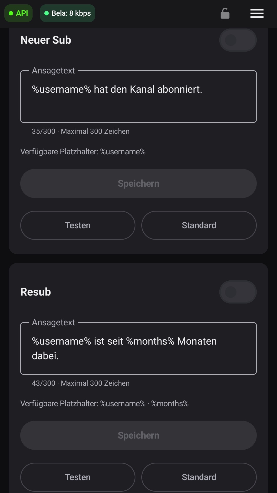 Twitch-Karten für neuen Sub und Resub
