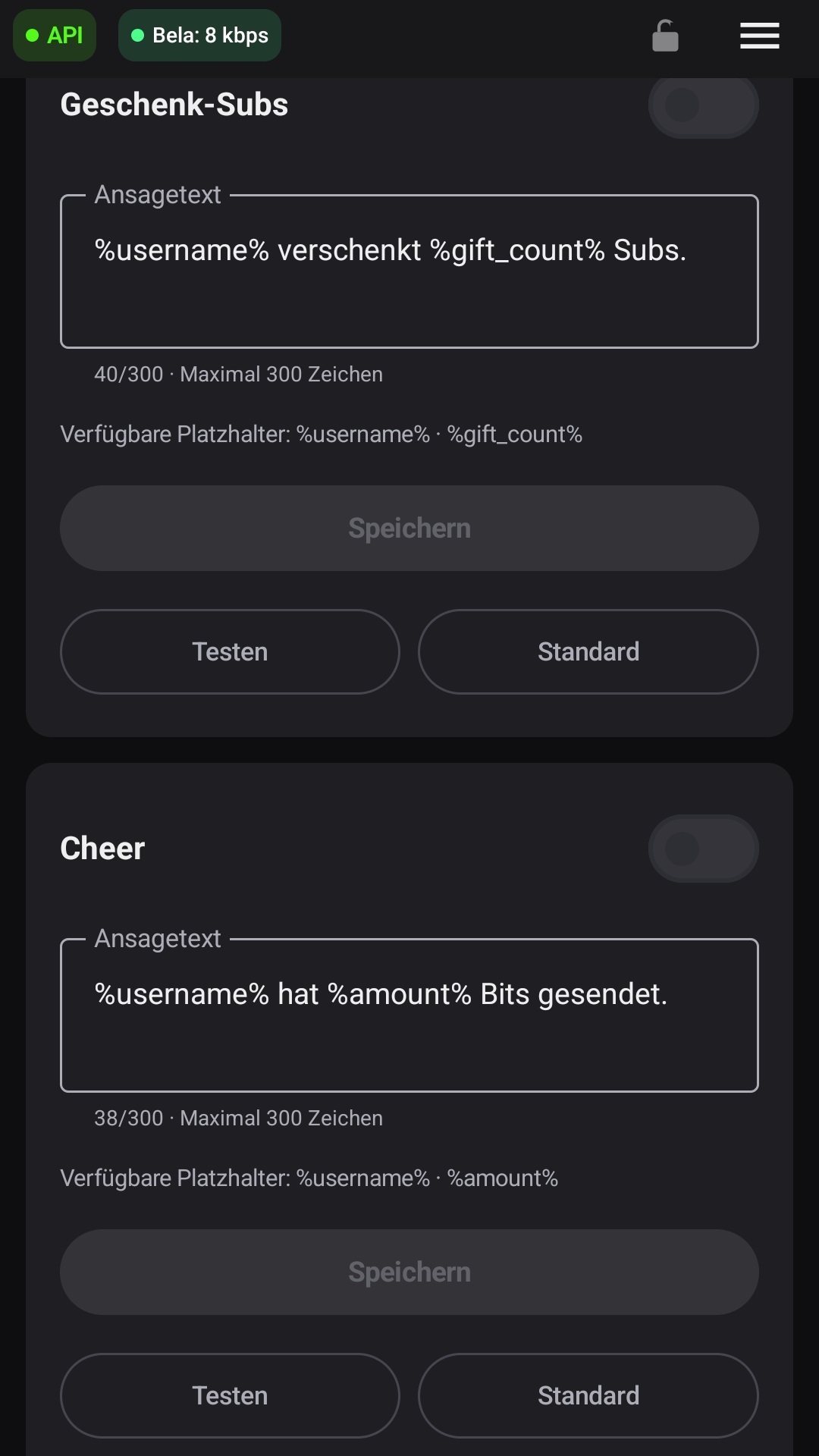 Twitch-Karten für Geschenk-Subs und Cheer