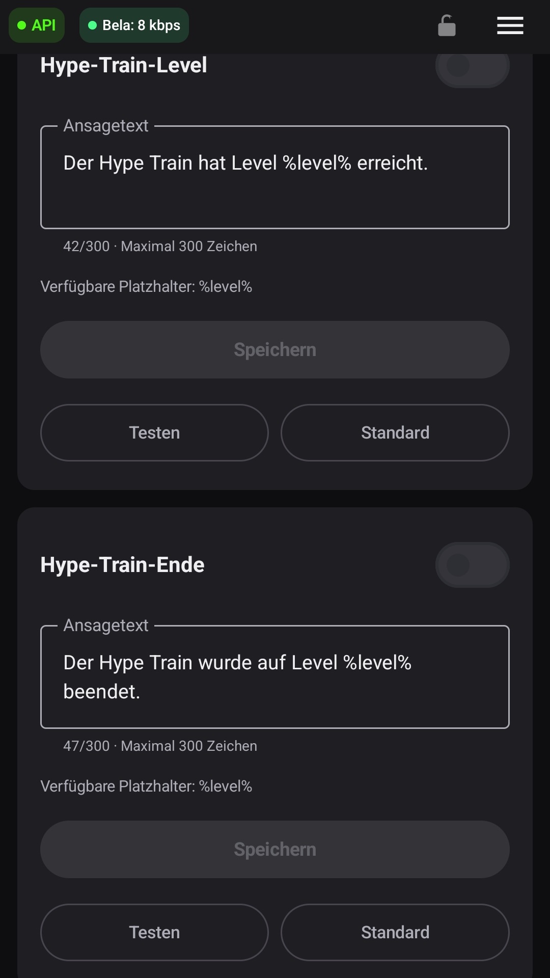 Unterer Twitch-Bereich mit Hype-Train-Level und Hype-Train-Ende