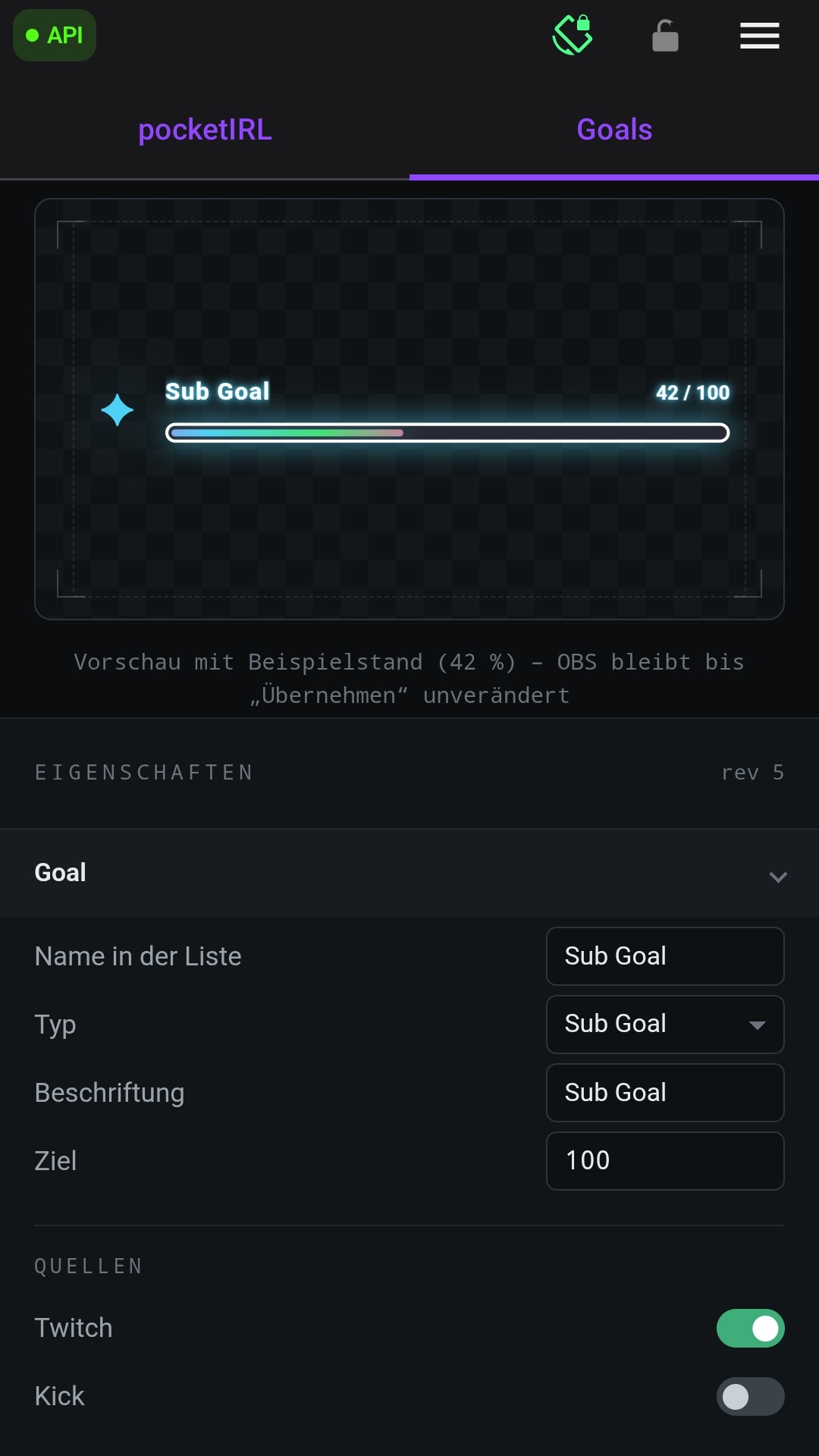 Der Goal-Editor mit Typ, Ziel, Quellen und skalierter Vorschau