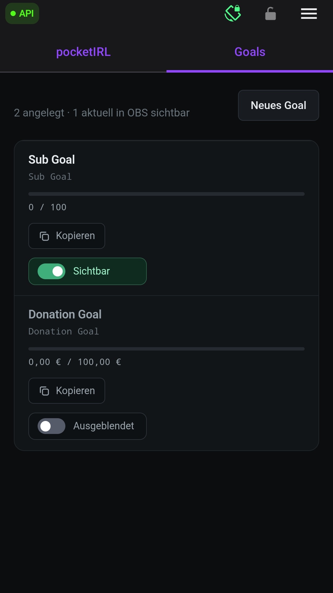 Die Goals-Übersicht in der App mit einem sichtbaren und einem ausgeblendeten Goal