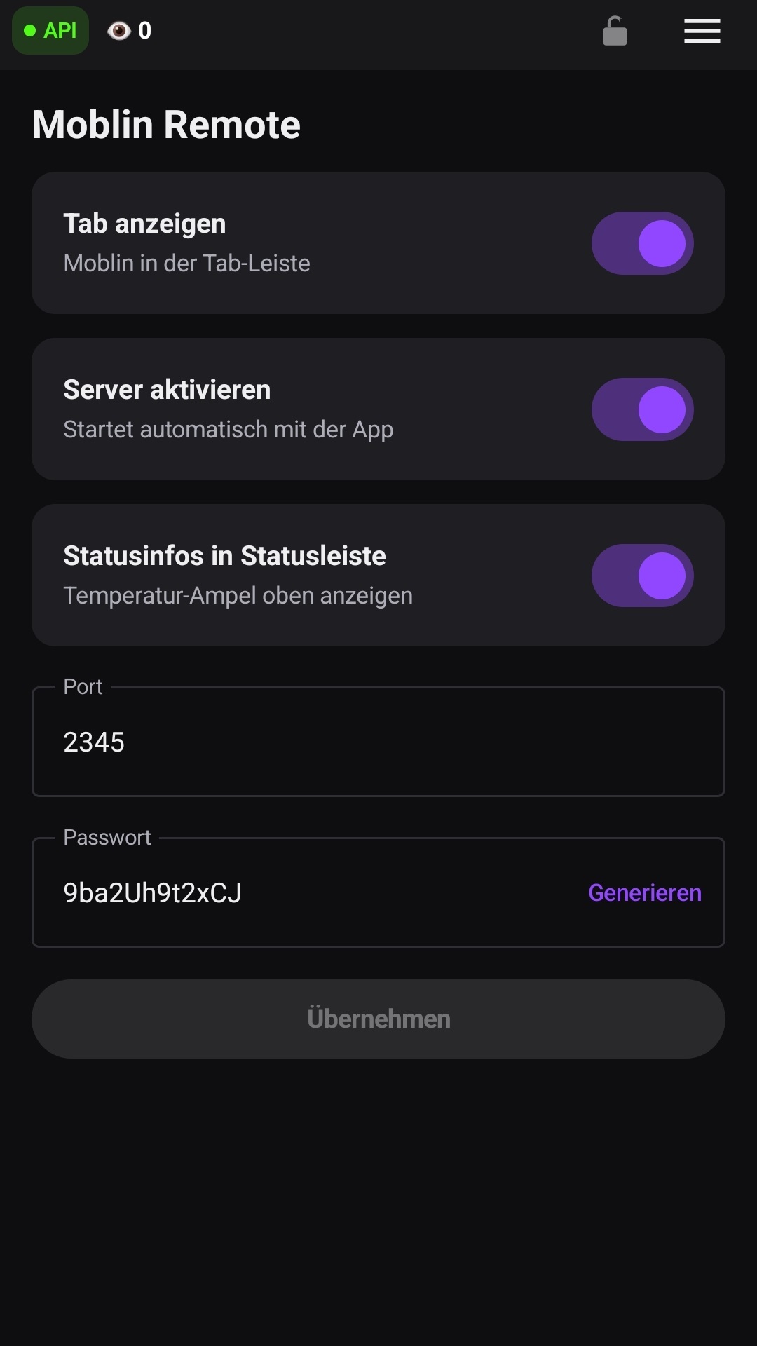 Die Moblin-Einstellungen mit Port, Passwort und aktivem Server