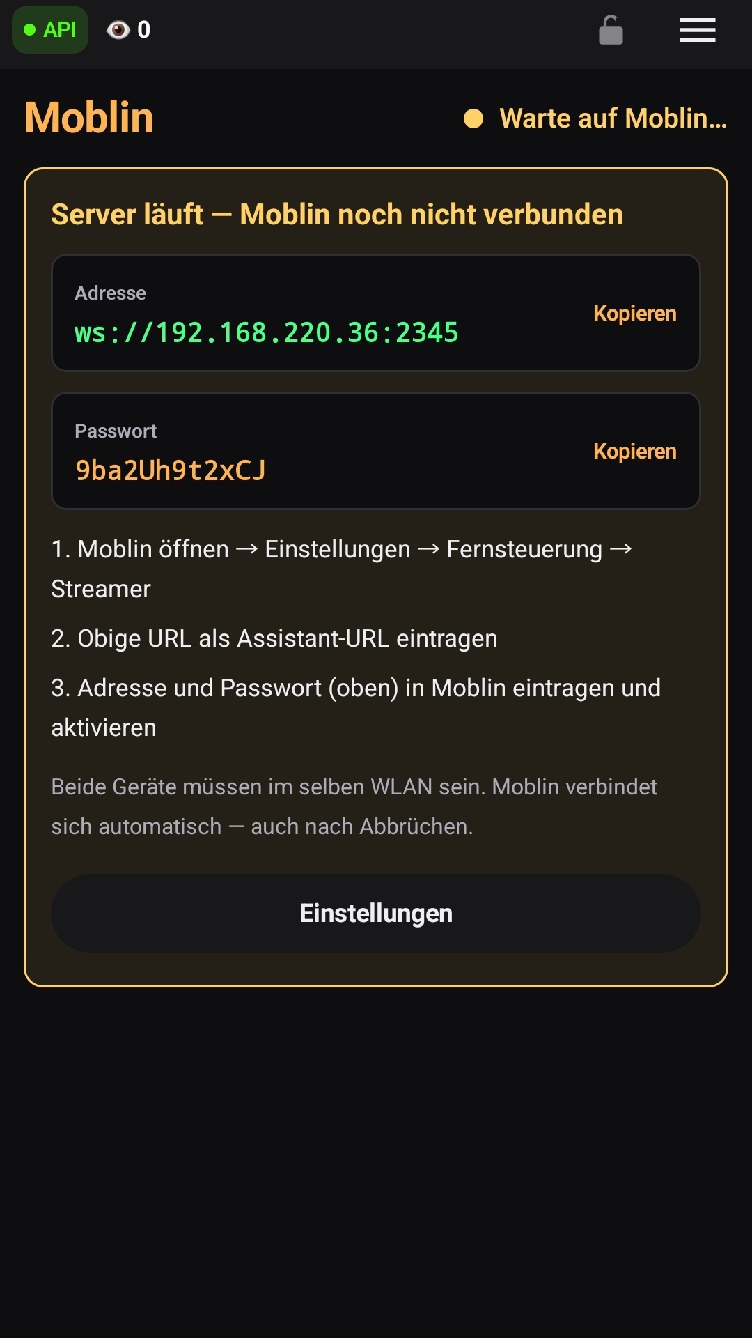 Der Moblin-Tab vor der Verbindung, mit Adresse und Passwort zum Kopieren