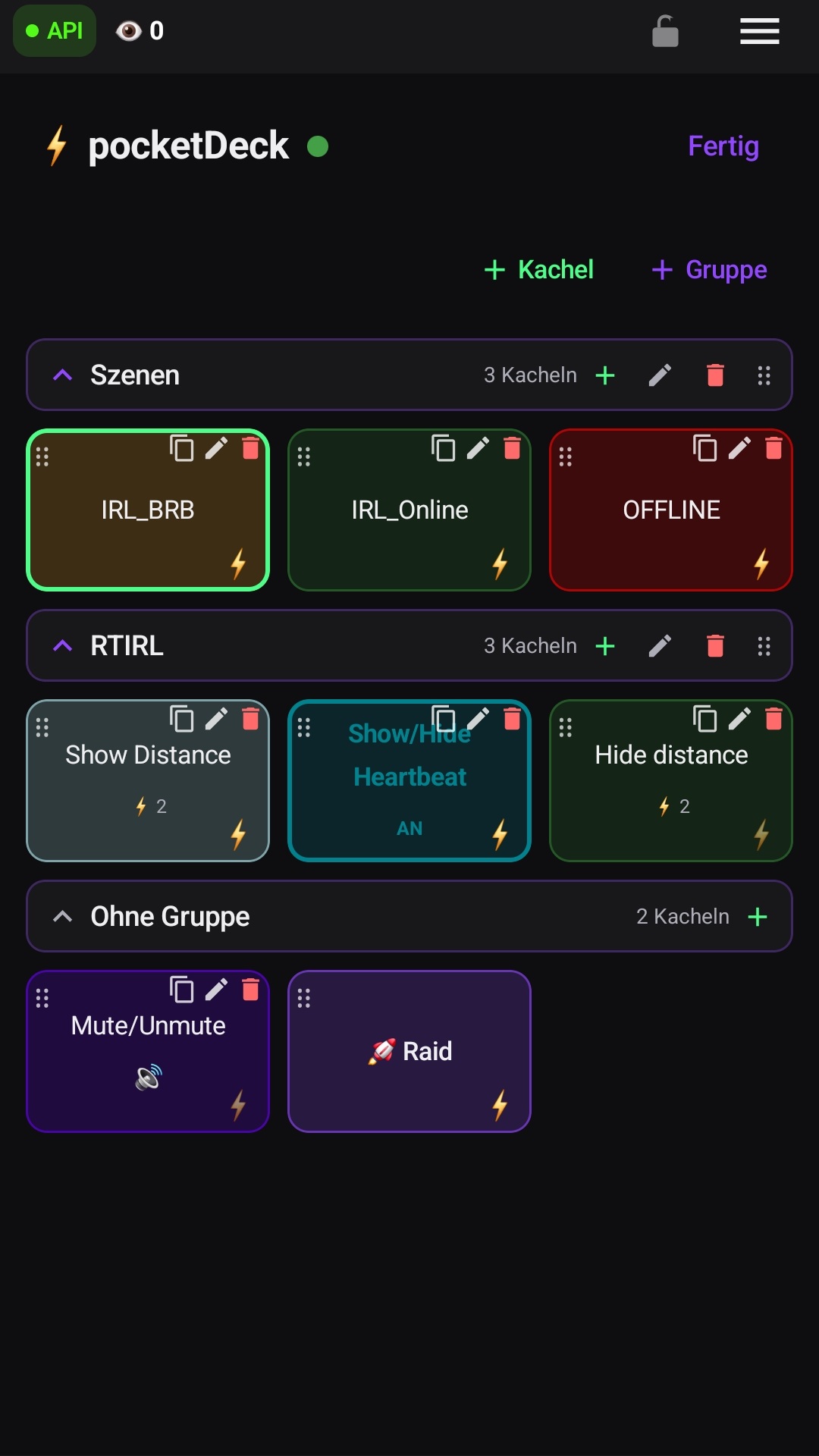 Das pocketDeck im Bearbeitungsmodus mit geöffneten Gruppen, Drag-Griffen und Blitzschaltern