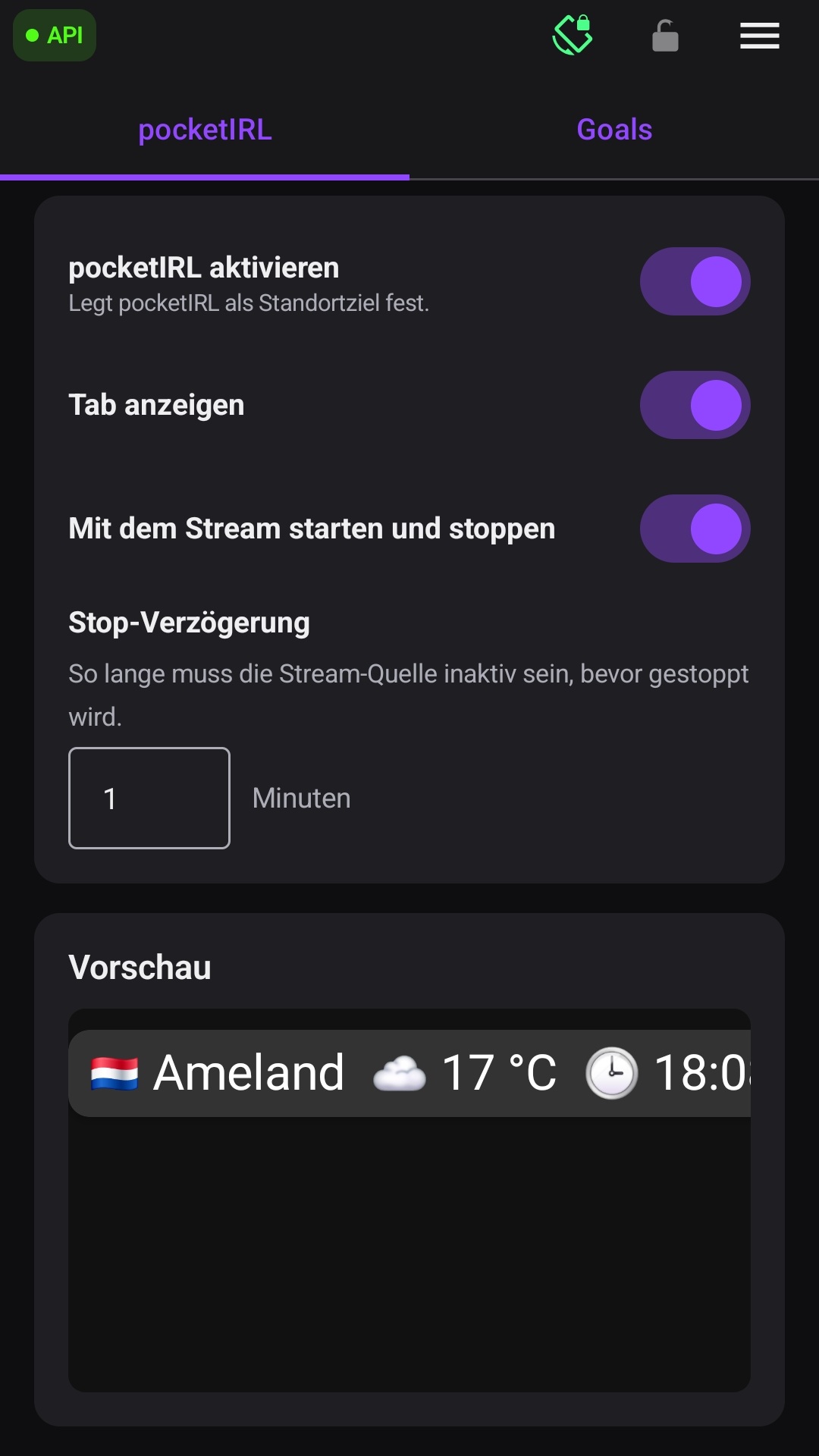 Der App-Reiter pocketIRL mit Aktivierungsschaltern, Stop-Verzögerung und Vorschau
