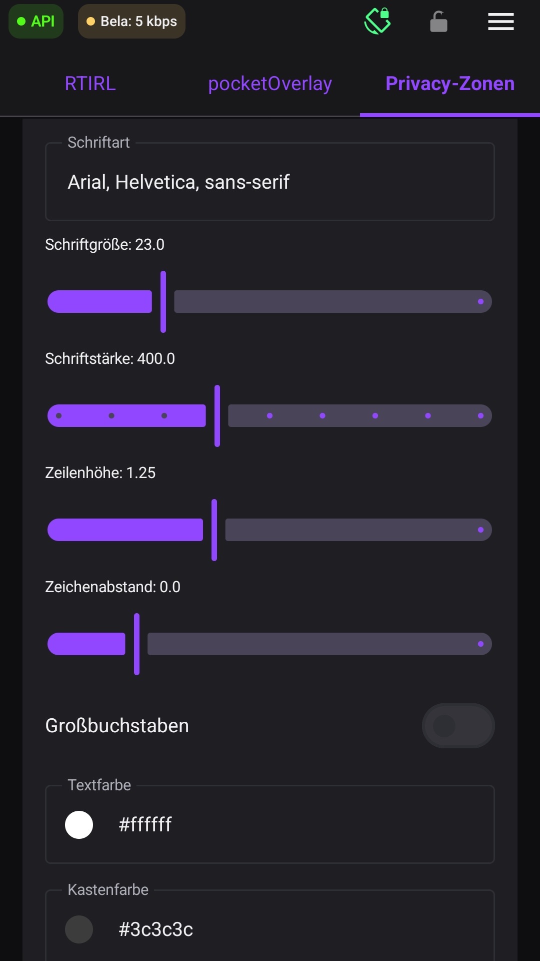 Oberer Teil der Einstellungen für Schrift und Kästen