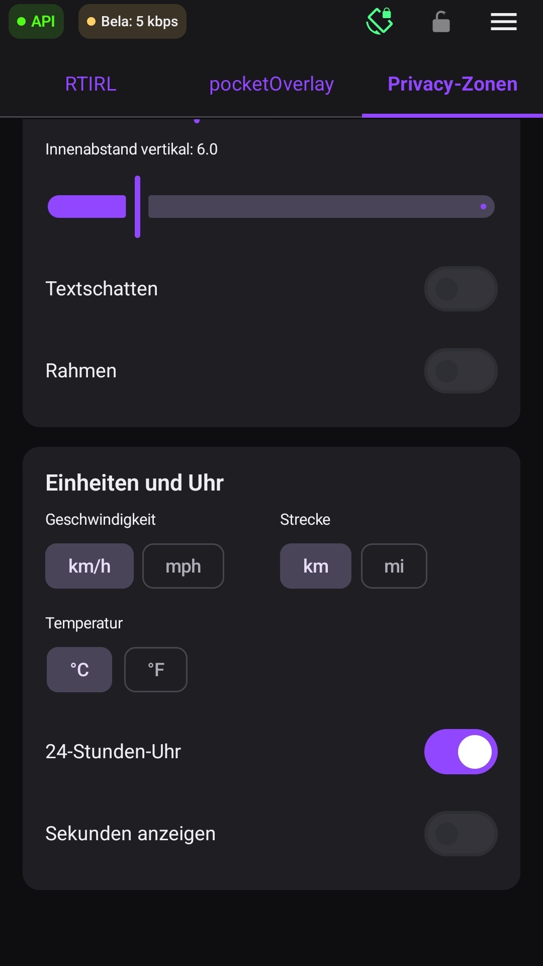 Einheiten und Uhrzeitoptionen