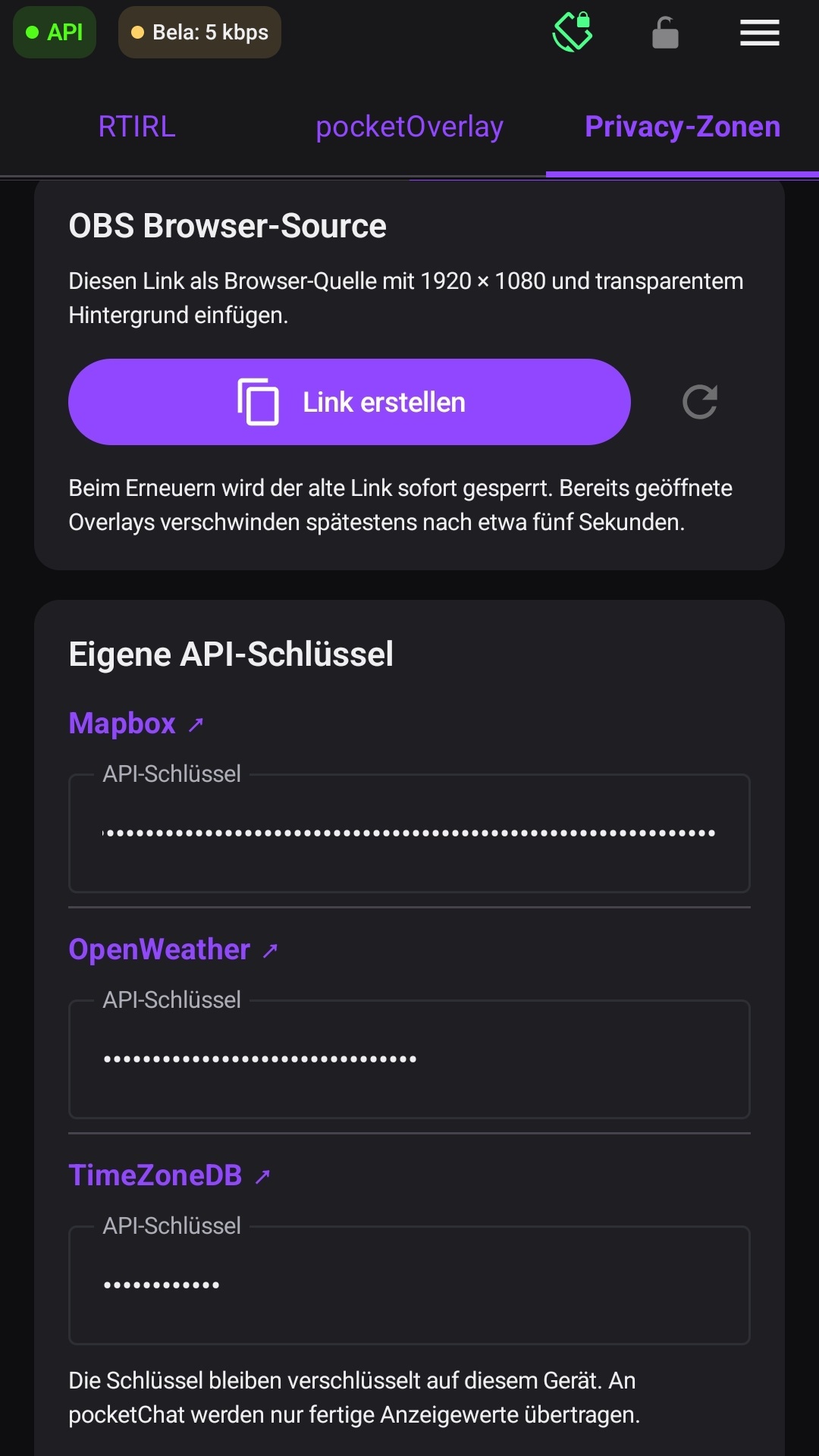 Browser-Source-Link und die drei API-Schlüsselfelder