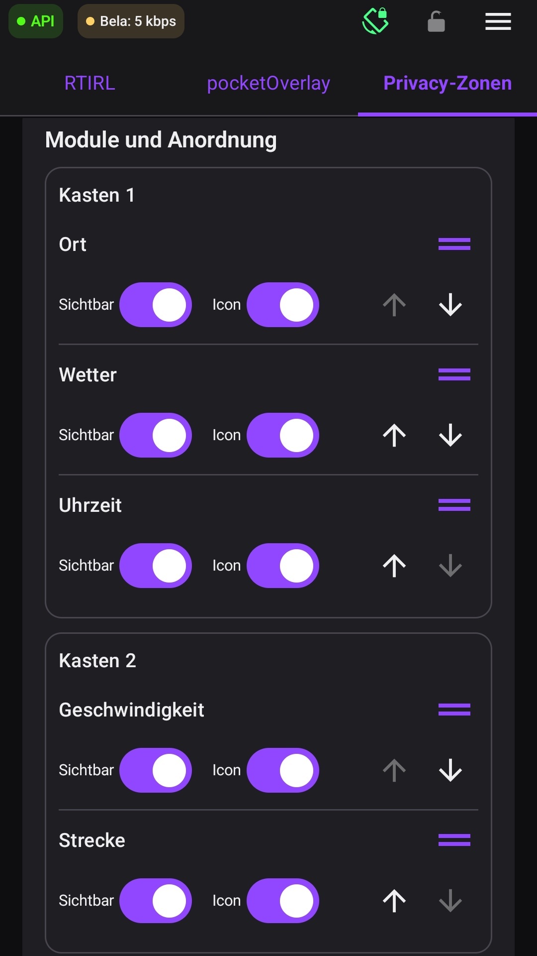 Kasten 1 und Kasten 2 im Bereich Module und Anordnung