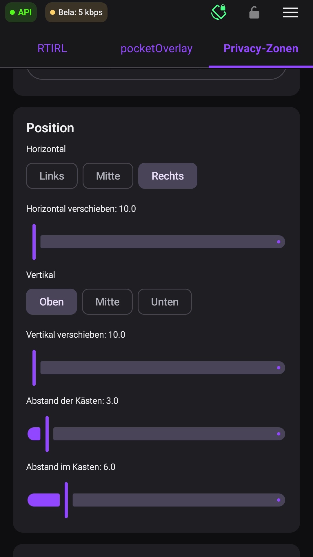 Position und Abstände des Overlays