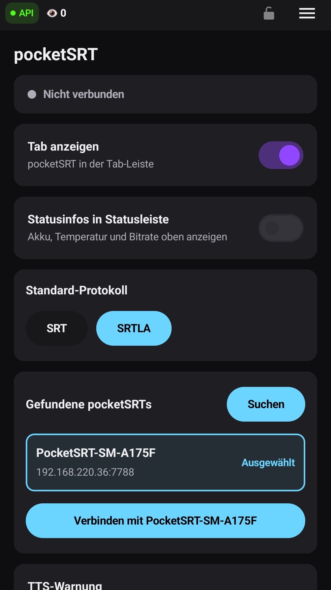 Die Geräteliste mit einem gefundenen pocketSRT