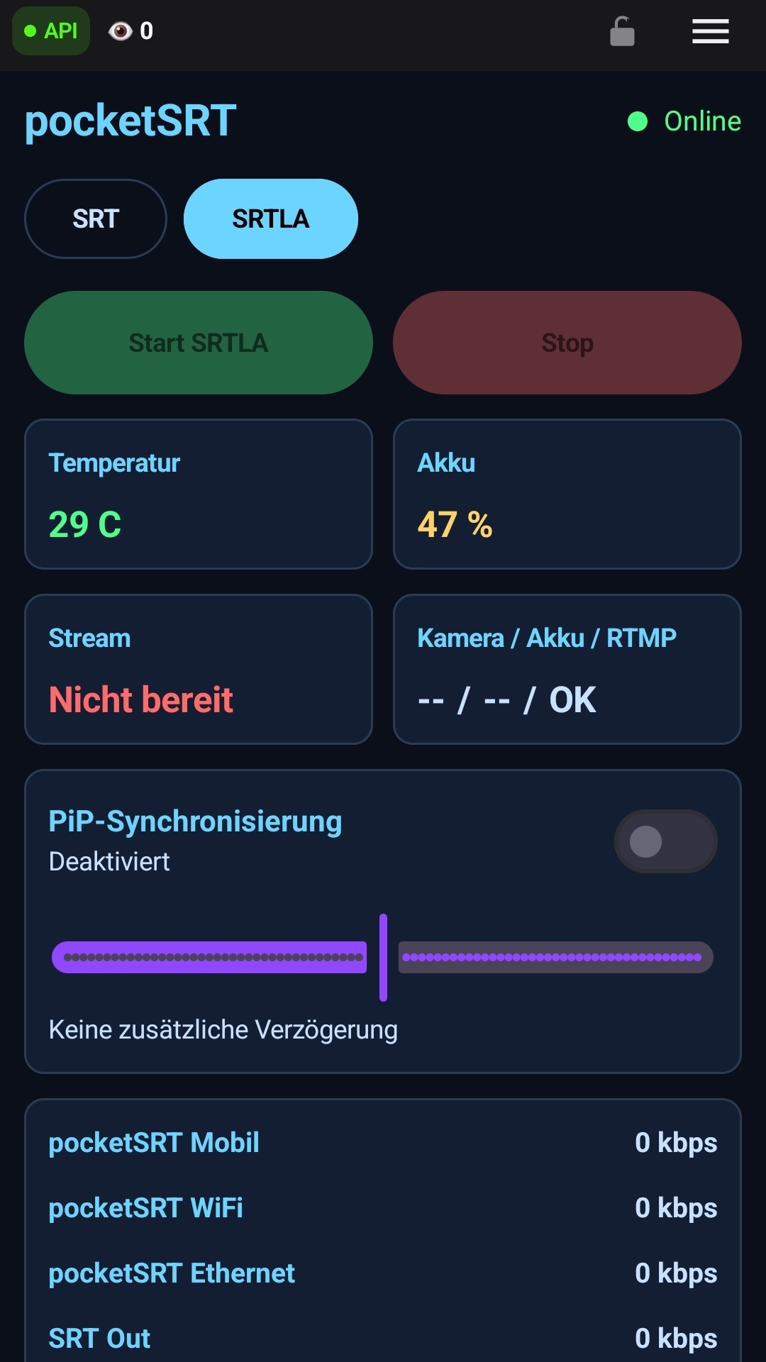 Der obere Teil des Tabs: Start/Stop, Temperatur und Akku