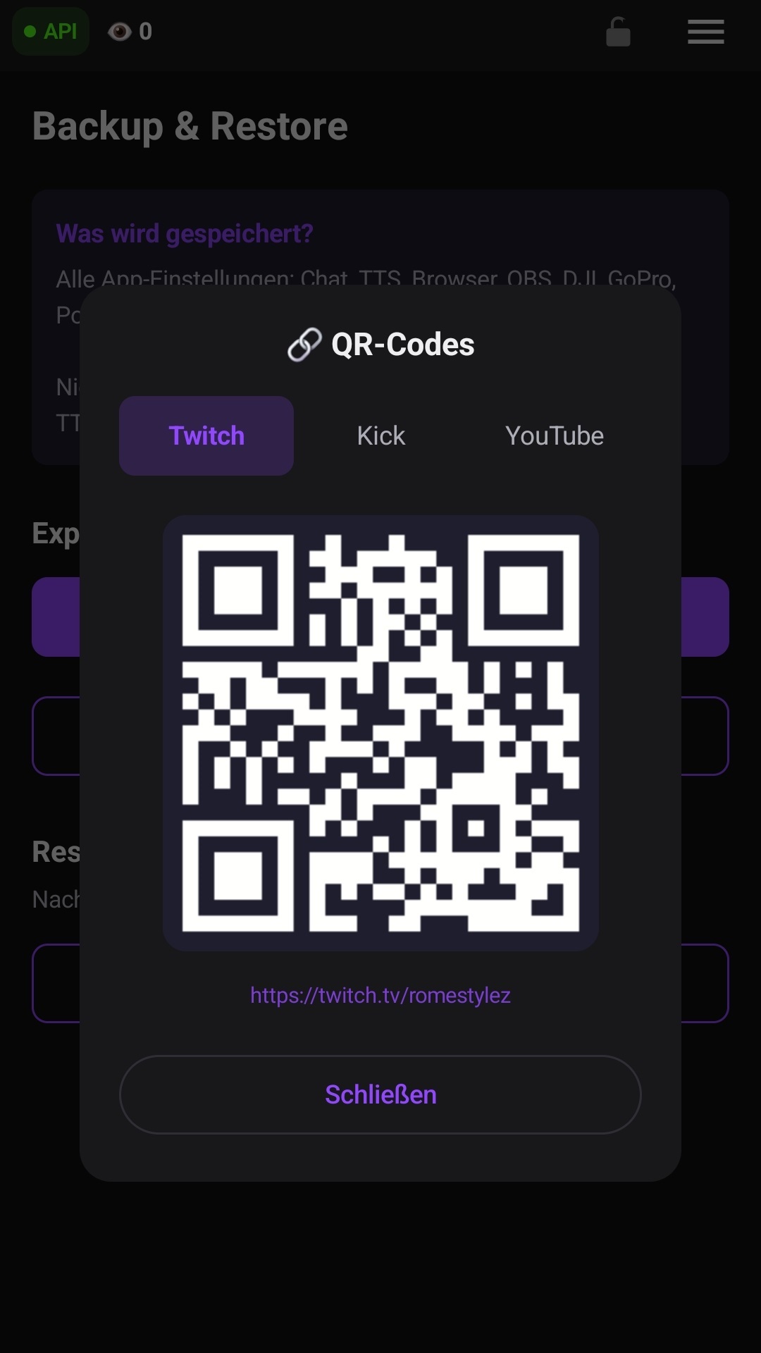 Der QR-Code-Bereich mit den generierten Codes