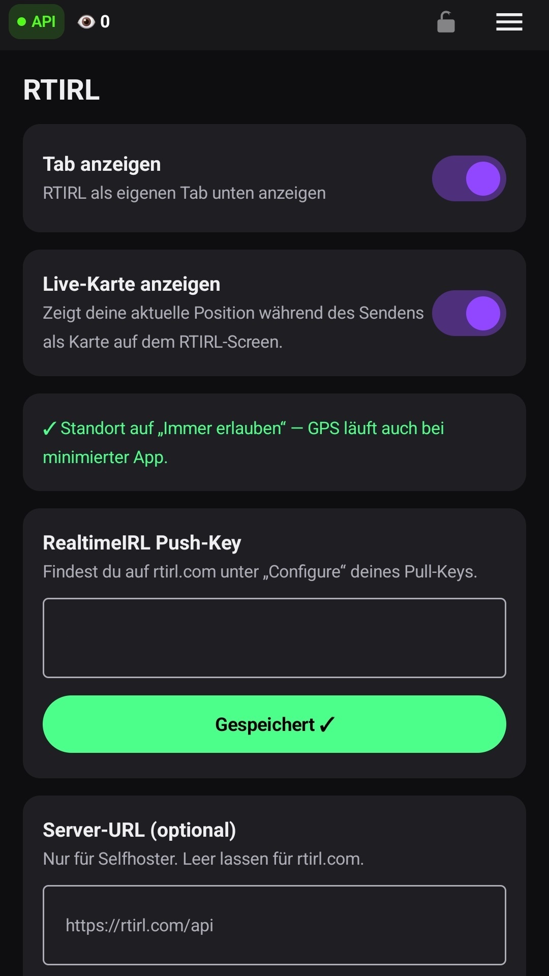 Die RTIRL-Einstellungen mit eingetragenem Push-Key