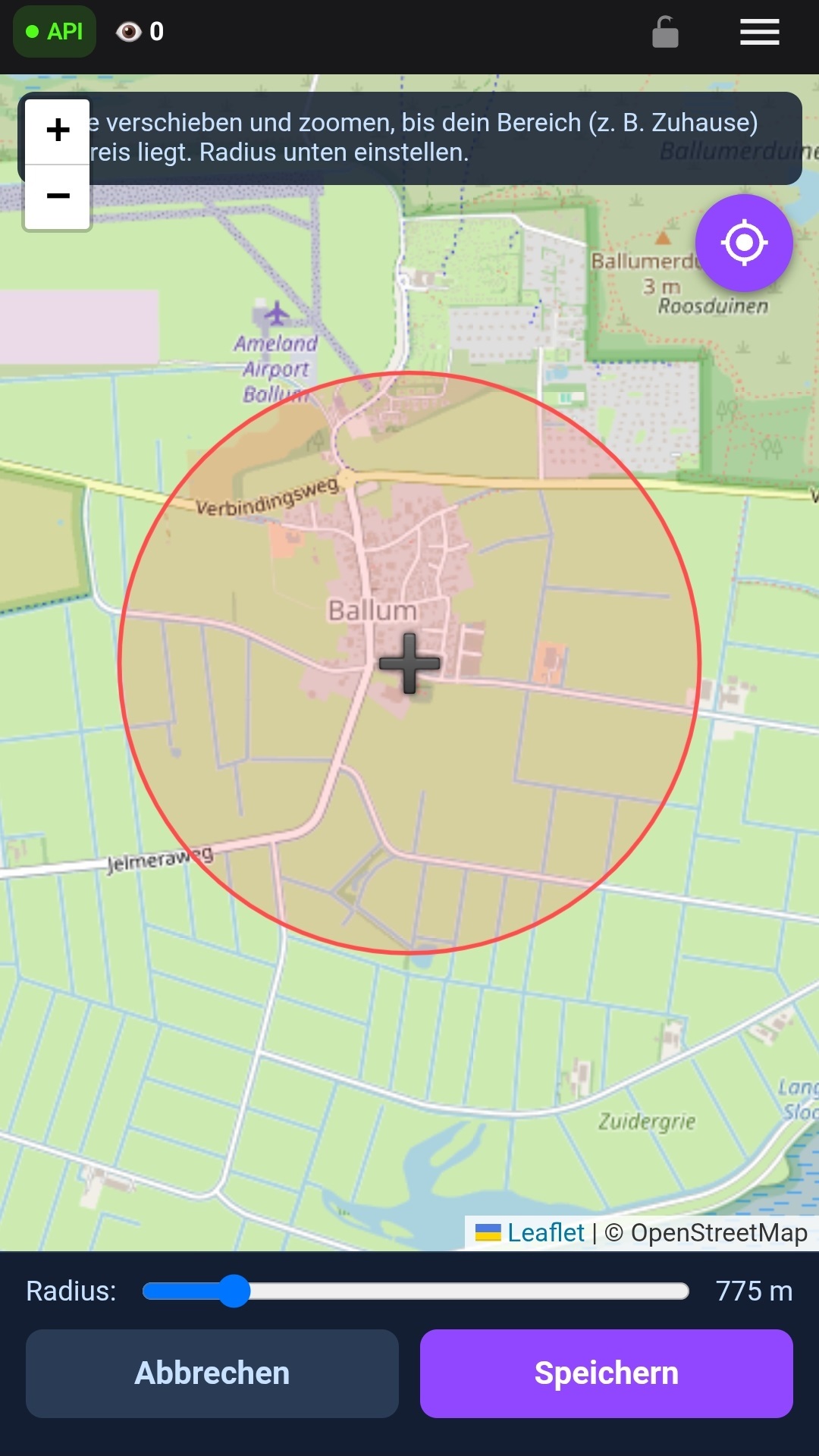 Die Kartenauswahl für eine Privacy-Region mit eingestelltem Radius