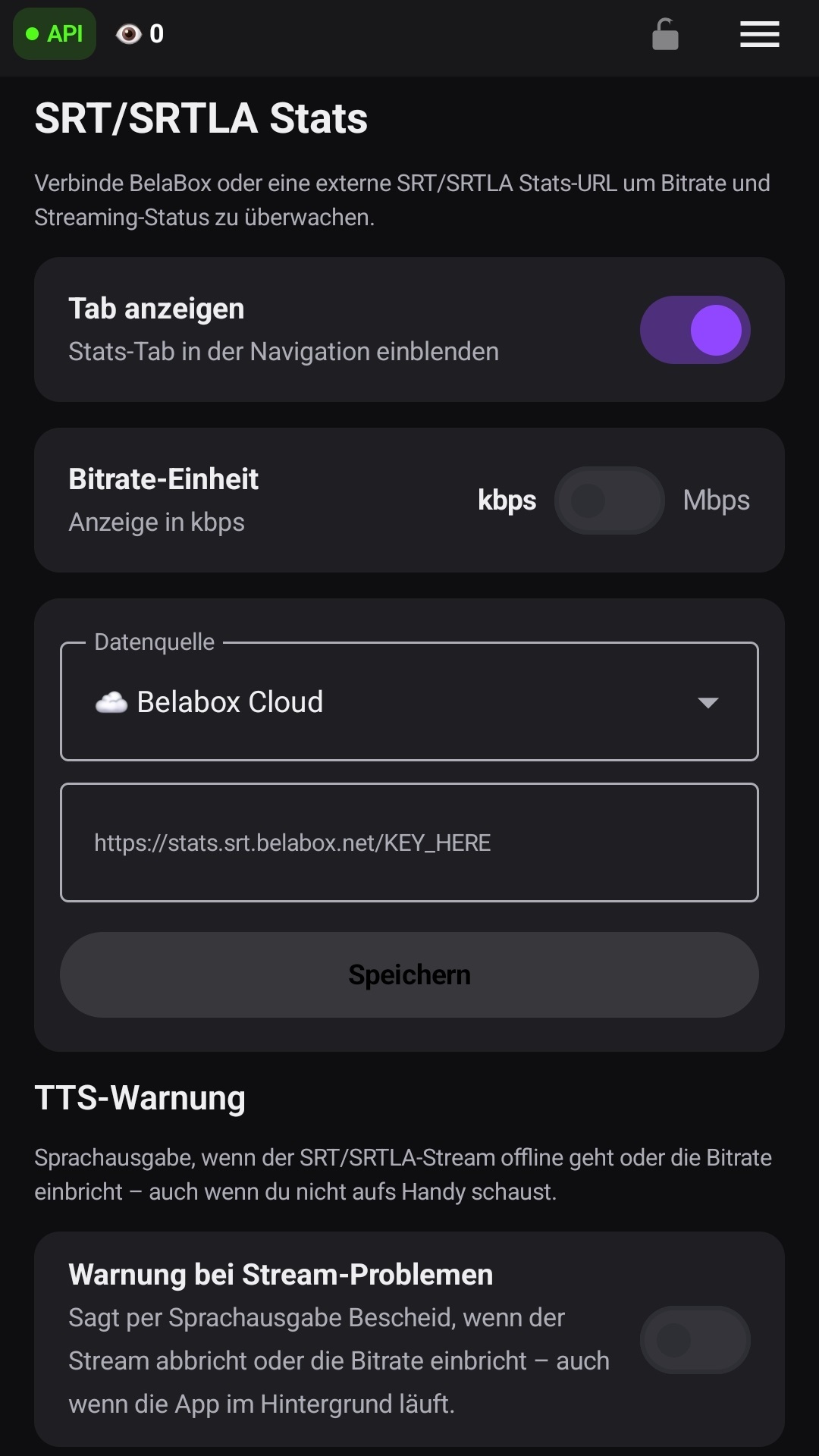 Die Einstellungen mit eingetragener Stats-Quelle