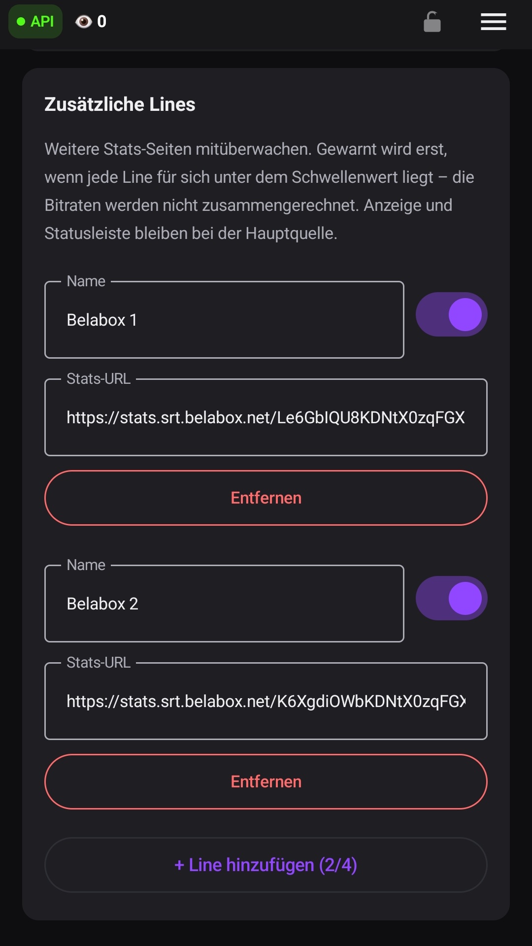 Die zusätzlichen Lines im Bereich TTS-Warnungen.