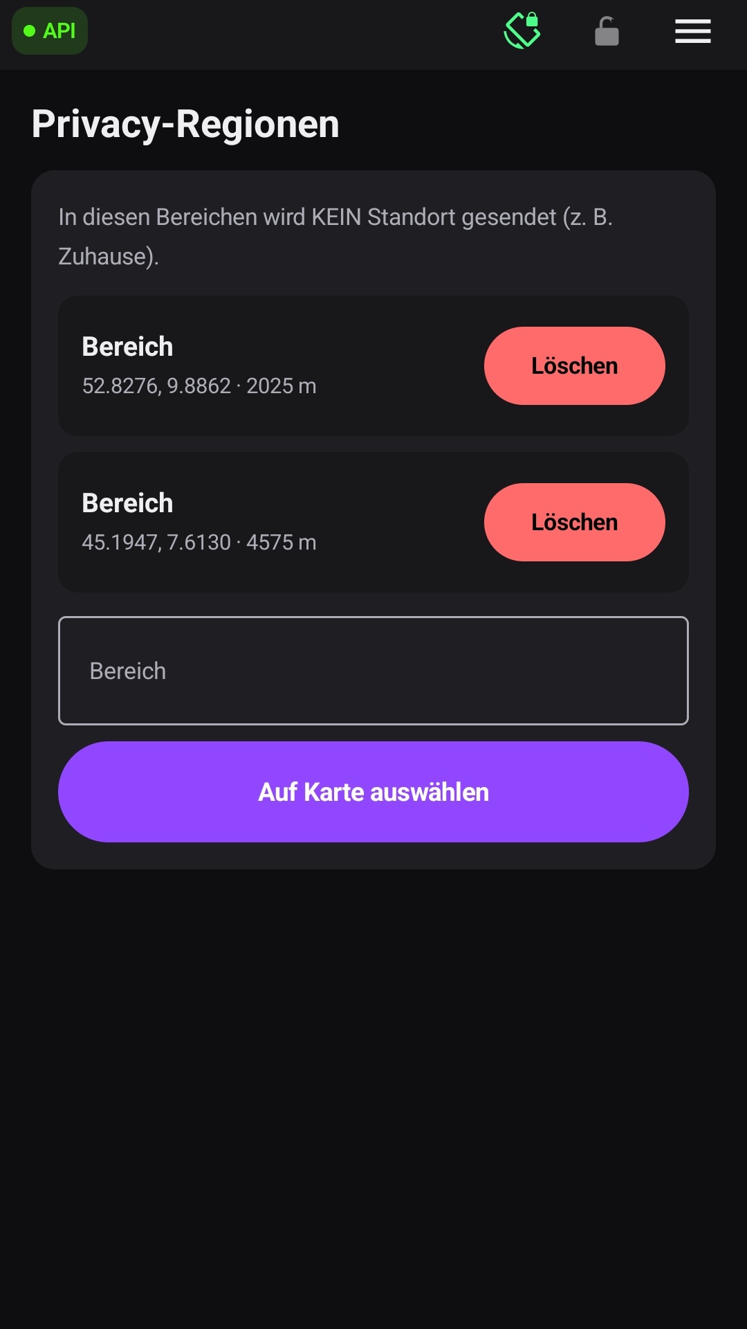Der Bereich Privacy-Regionen mit vorhandenen Bereichen, Löschen und „Auf Karte auswählen“