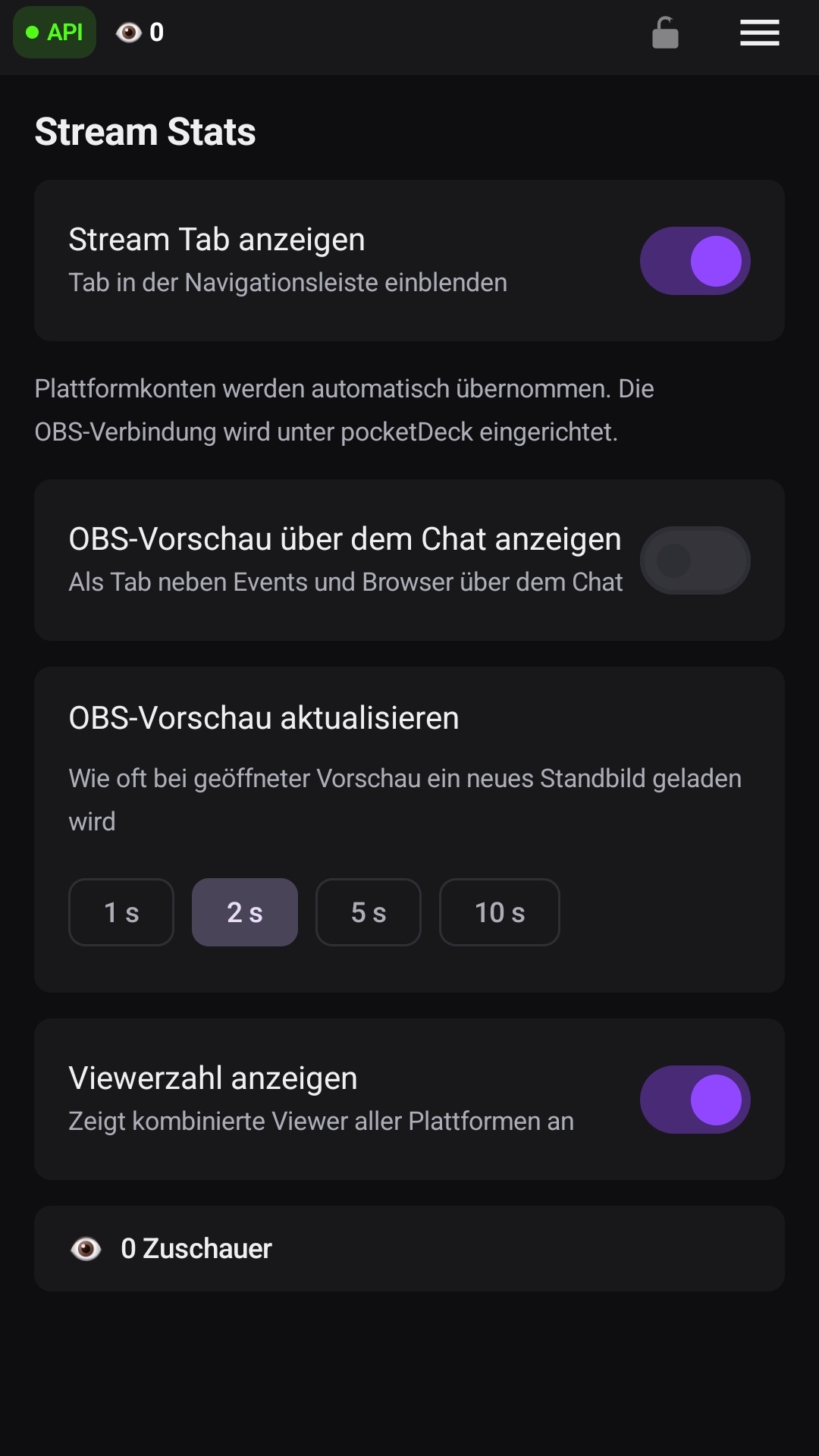 Die Intervallauswahl für die OBS-Vorschau mit ausgewählten 2 Sekunden