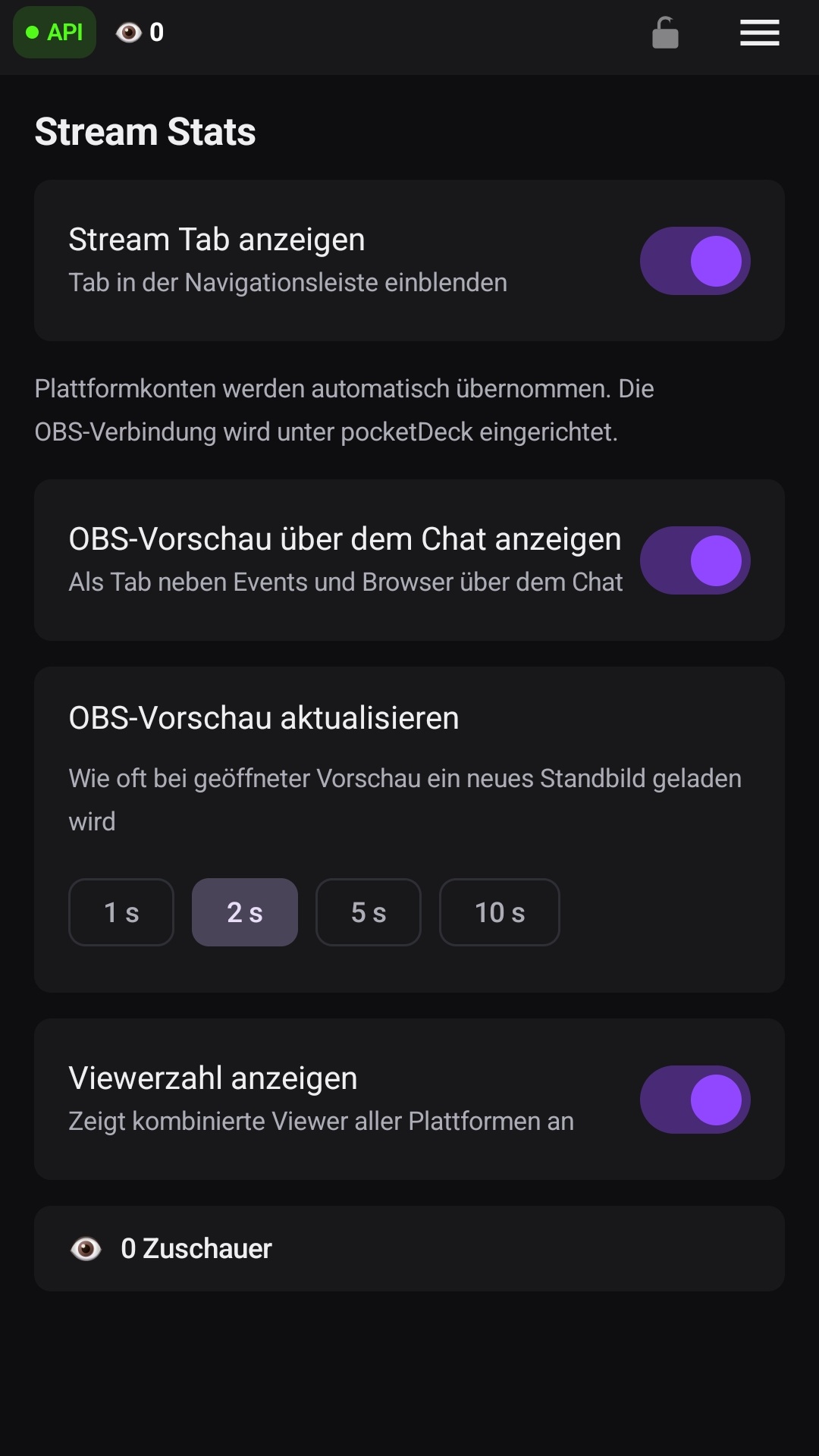Der aktivierte Schalter „OBS-Vorschau über dem Chat anzeigen“ in den Stream-Einstellungen