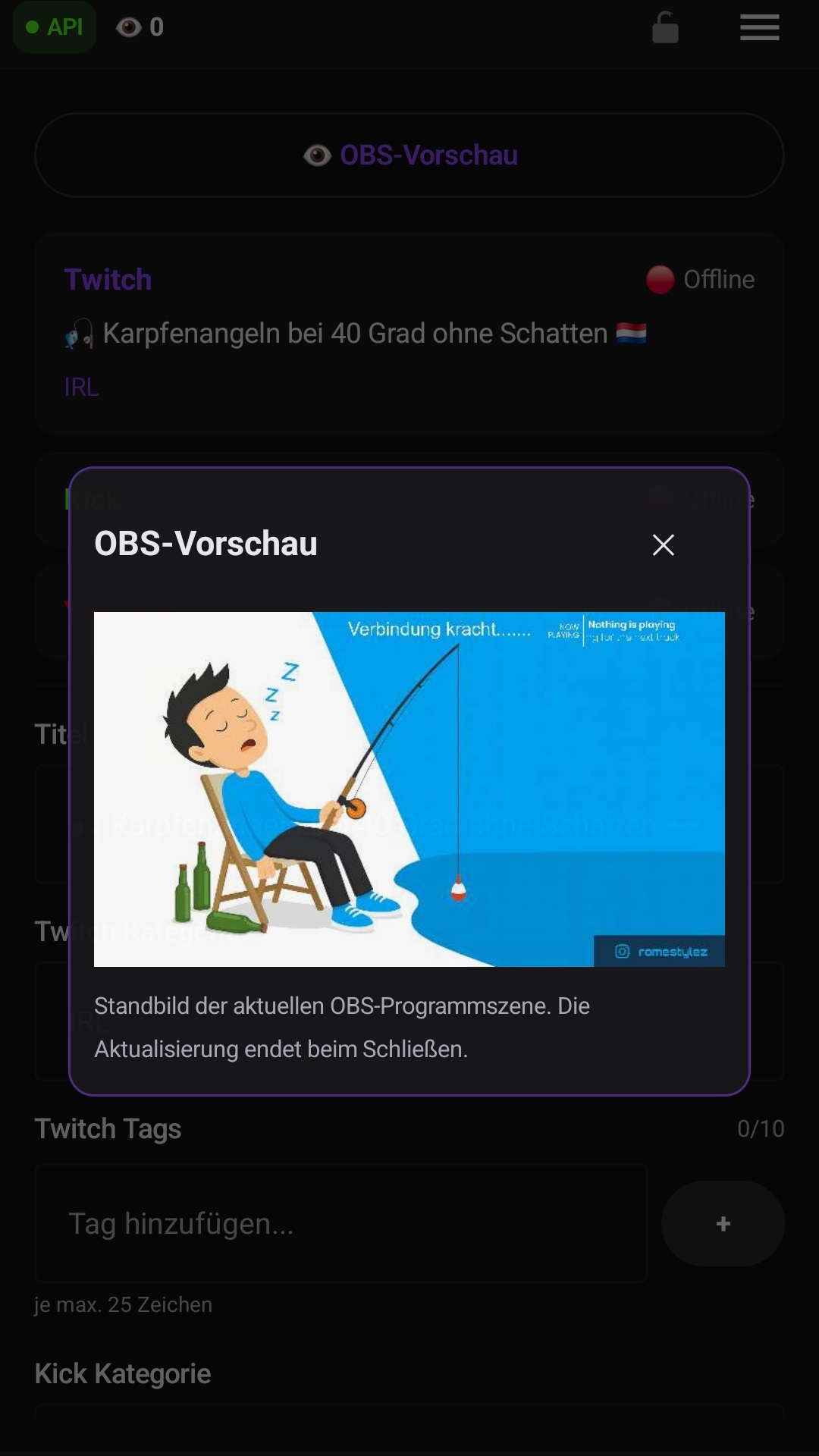 Die geöffnete OBS-Vorschau mit Programmbild und sichtbarem Overlay