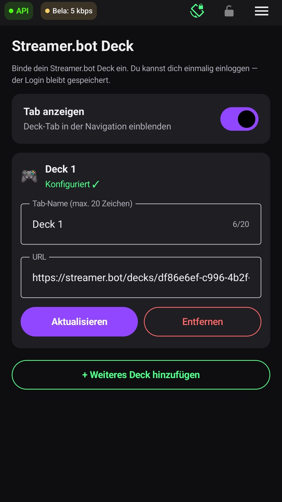 Der Streamer.bot-Deck-Bereich mit der Verbindungs-URL