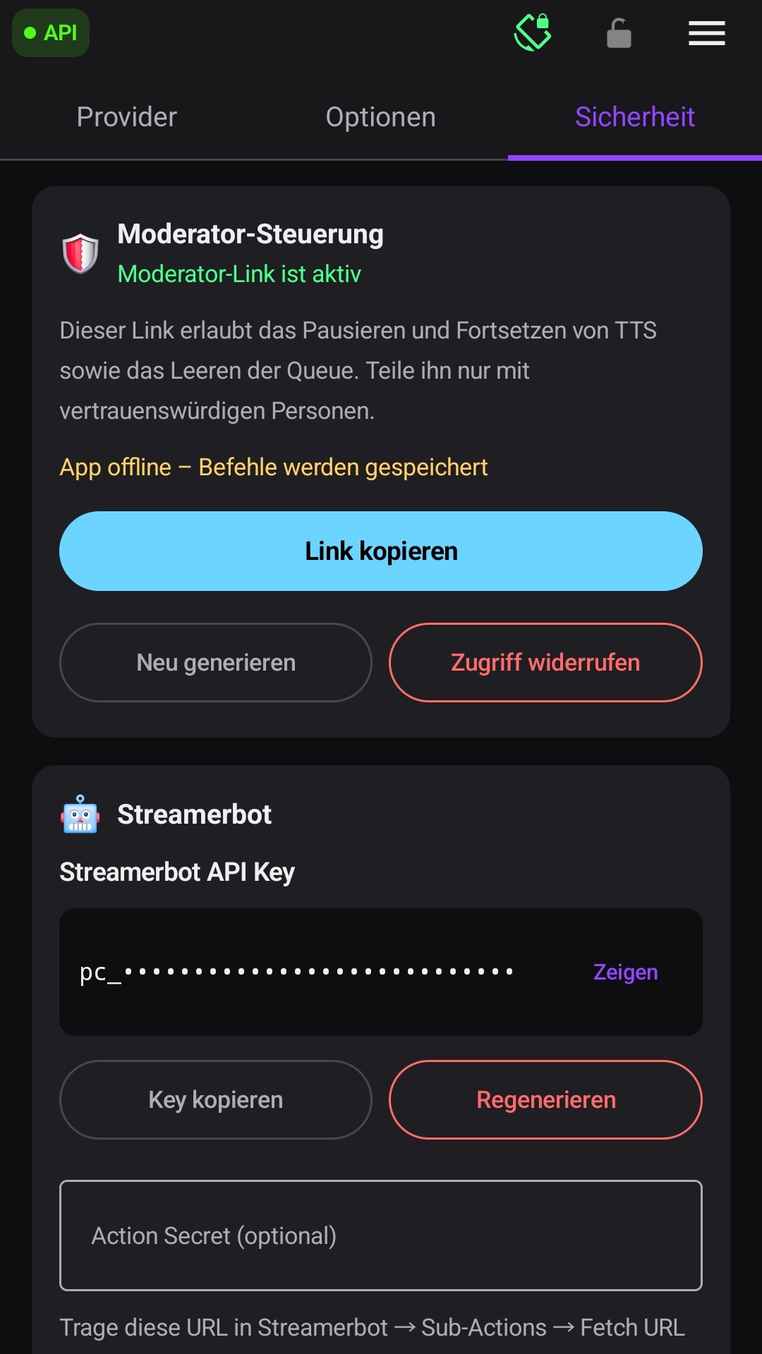 Die Moderator-Steuerung mit aktivem Link, App-Status sowie den Aktionen zum Kopieren, Erneuern und Widerrufen