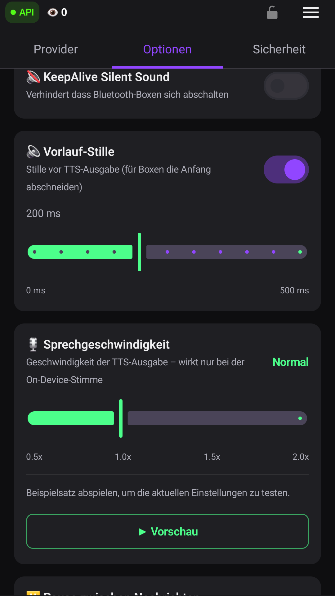 KeepAlive, Vorlauf-Stille und Sprechgeschwindigkeit einstellen