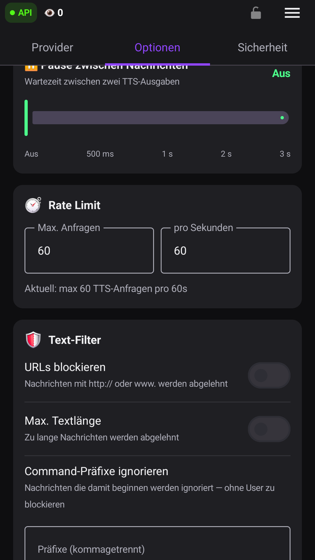 Pause zwischen Nachrichten, Rate-Limit und Textfilter einstellen