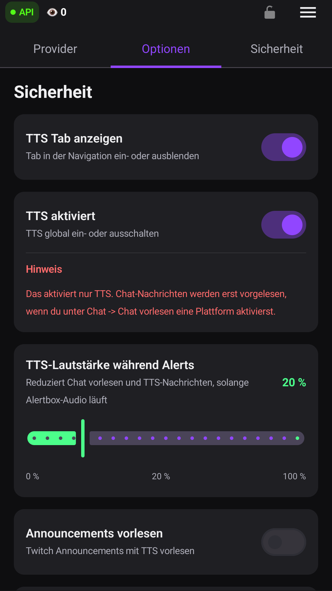 TTS aktivieren, TTS-Tab anzeigen und Lautstärke während Alerts einstellen