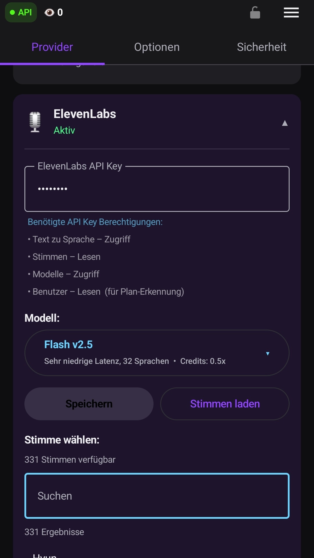 Die Provider-Auswahl mit aktivem Provider und Stimme